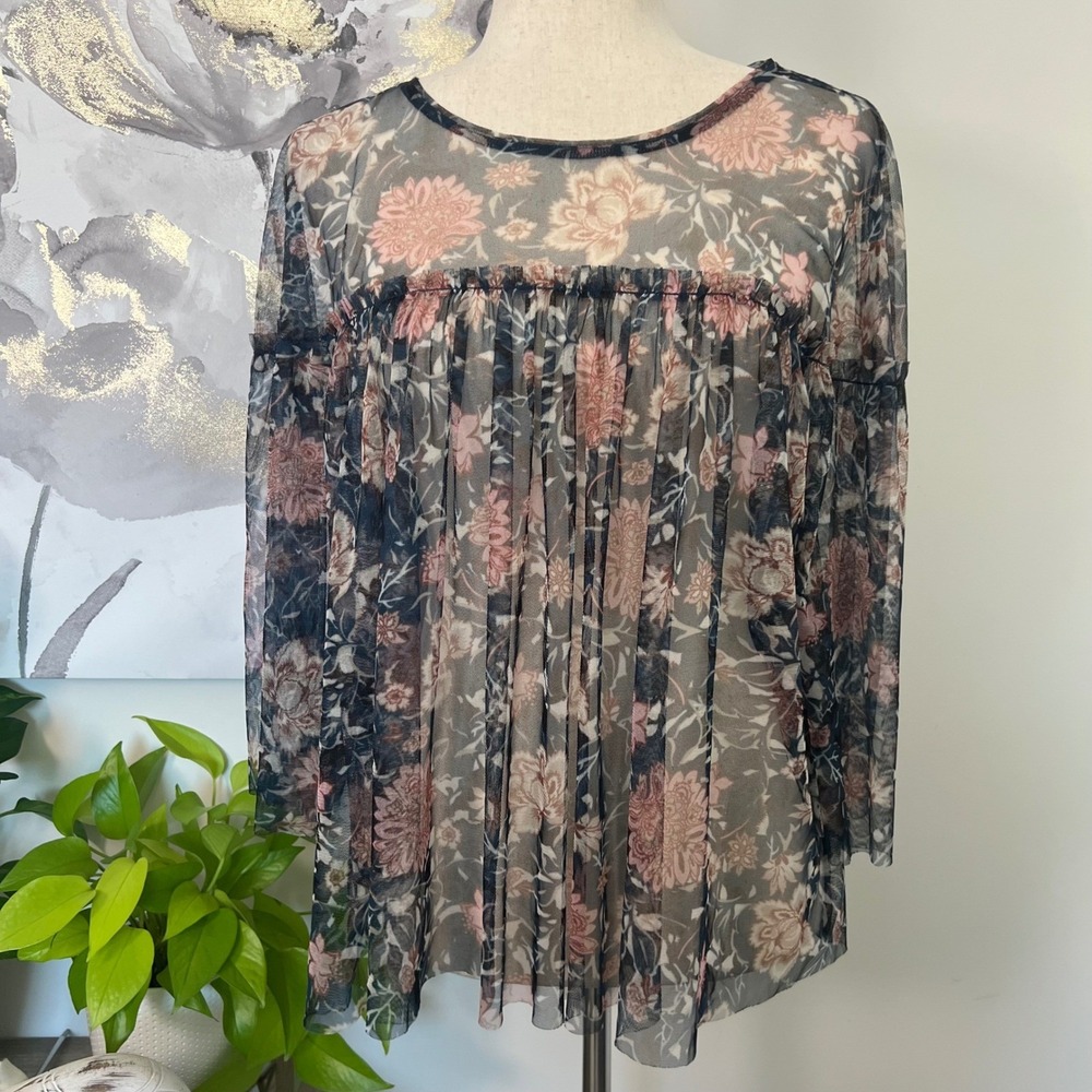 Womens Top Large Floral Sheer Mesh Boho Fairy Whimsigoth Dark Coquette Grunge